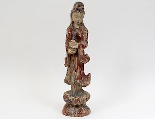 CARVED AND POLYCHROMED WOOD FIGURE OF GUANYIN