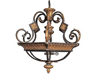 GOTHIC REVIVAL STYLE GILT AND PATINATED METAL THREE LIGHT CHANDELIER