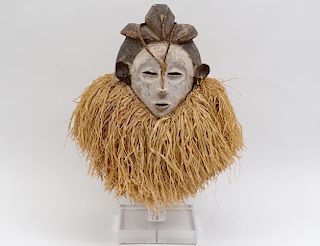 AFRICAN TRIBAL CARVED AND PAINTED MASK WITH RAFFIA