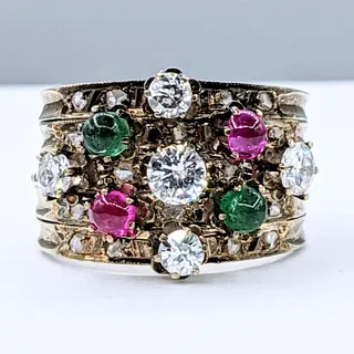 Antique Diamond Ruby & Emerald Five Band Ring