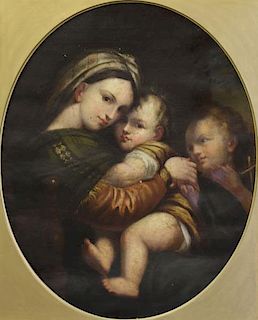 19th C. Oil on Canvas. Madonna and Child with St.