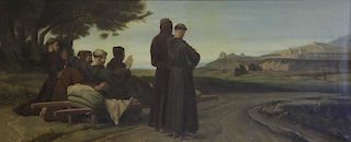 Large 19th C. Oil on Canvas. St. Francis Receiving