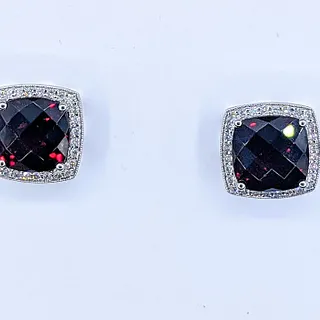Rich Red Garnet & Diamond Halo Stud Earrings