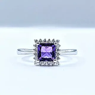 Princess Cut Amethyst & Diamond Halo Ring