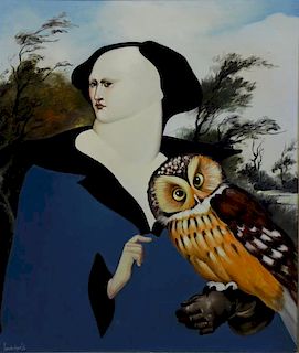 Indistinctly Signed Oil on Canvas. Figure with Owl