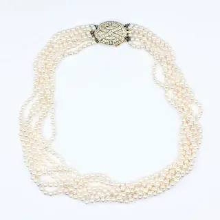 Six Strand Cultured Pearl, Diamond & 14K Gold Necklace