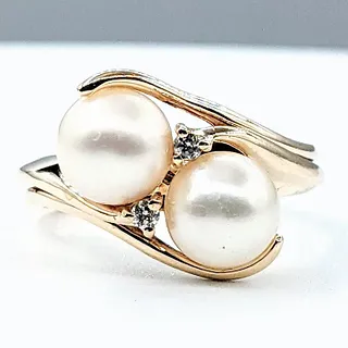 Elegant Twin Cultured Pearl & Diamond Ring
