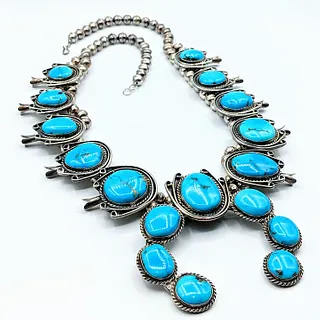 Exceptional Turquoise & Sterling Silver Squash Blossom Necklace