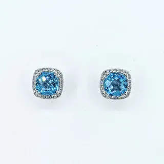 Beautiful Sky Blue Topaz & Diamond Halo Stud Earrings