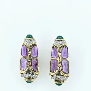 Colorful & Bold Amethyst, Emerald & Diamond Earrings - 18K Gold