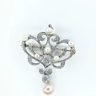 Belle Epoque Diamond & Cultured Pearl Brooch / Pendant
