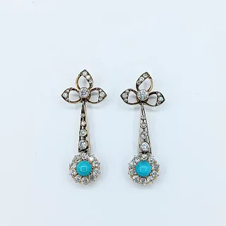 Antique Turquoise & Old Mine Cut Diamond Dangle Earrings - 18K Gold