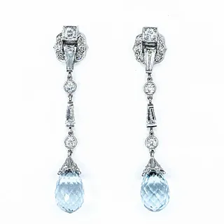 Elegant Art Deco Aquamarine & Diamond Dangle Earrings - Platinum