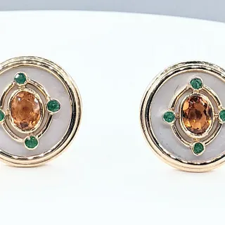 Colorful Citrine, Emerald & Mother of Pearl Button Earrings