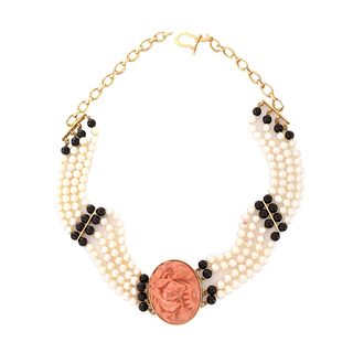 Coral, Pearl, Onyx and 18K Necklace