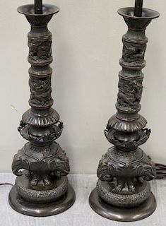 Pair of Ornate Bronze Meiji Japanese Lamps.