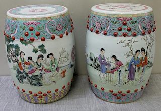 2 Vintage Chinese Porcelain Enameled Garden Seats.