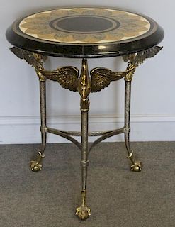 Steel and Brass Table with Inlaid Stone Top.