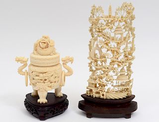 CARVED IVORY KORO AND A TABLE SCREEN