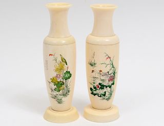 PAIR OF ETCHED AND POLYCHROMED IVORY VASES