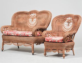 VICTORIAN STYLE WICKER SOFA AND ARM CHAIR