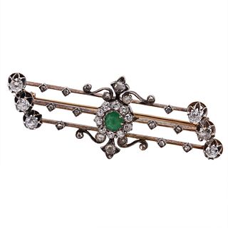 Edwardian 18k Brooch with Diamonds & Emerald