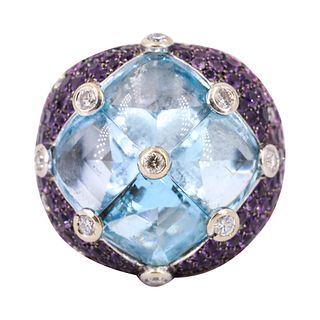 Avakian, Pink Sapphire, Aquamarines & Diamonds 18k Ring