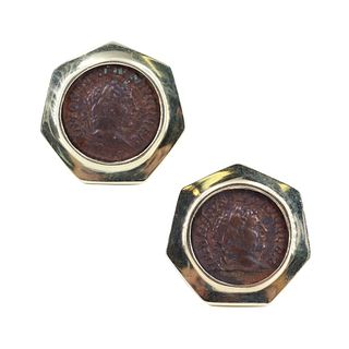 14k Yellow Gold Roman Coin Button Earrings