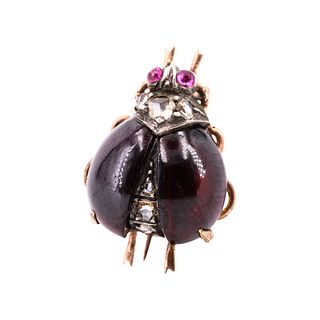 Antique Ladybug Brooch with Diamonds, Garnets & 18k Gold