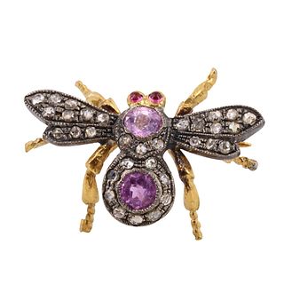 Diamonds, Red Tourmalines and Silver Bee Charm / Brooch