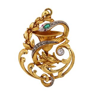 Art Nouveau 18k gold snake Pendant with Diamonds & Emerald