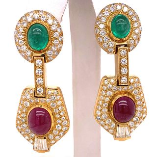 14.5 Ctw Rubies, Emeralds & Diamonds 18k Gold Earrings