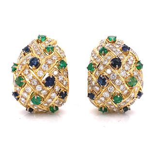 Diamonds, Emeralds & Sapphires 18k Gold Earrings