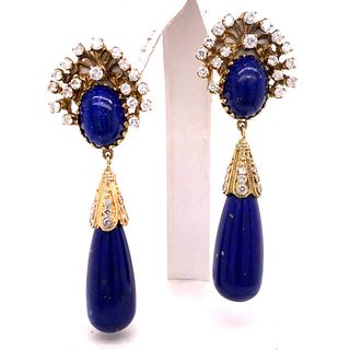 Lapis lazuli & Diamonds long Drop 18k Gold Earrings