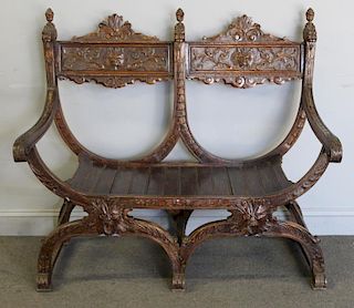 Carved Antique Savranola Style Wood Settee.