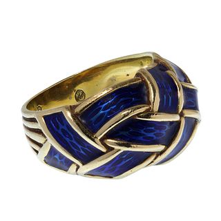 18k Yellow Gold and Blue Enamel Ring