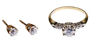 14k Gold and Diamond Ring and Pierced Earrings