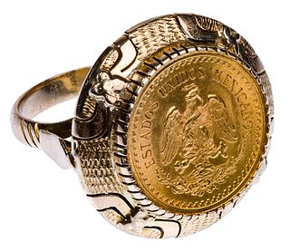 Mexican 1945 Dos Peso Gold Coin in 14k Gold Ring Setting