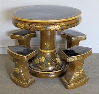Majolica Style Pedestal Table and Stools.