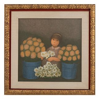 ANTONIO GONZÁLEZ OROZCO (Chihuahua, México, 1933 - Ciudad de México, 2020) Niña con flores. Grabado P/T. 55 x 55 cm Enmarcado