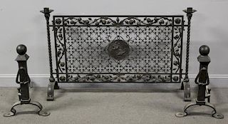 Quality Wrought Iron Fire Screen, Andirons and