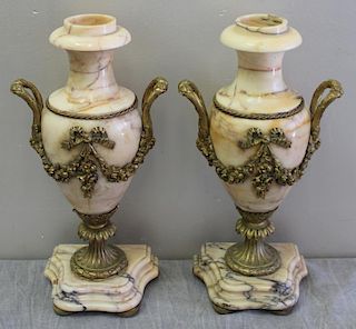 Pair of 19th C. Bronze Mounted Marble Urns.