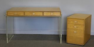 Midcentury Lucite and Blonde Wood 3 Drawer Desk.