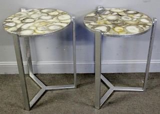 Pair Modern Silvered Side Tables with Agate Tops.