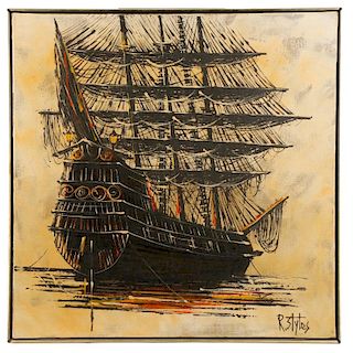 Mid Century Modern Painting of Ship, R. Styles