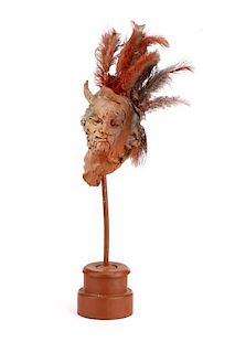 Ben Smith Ceramic Mask Sculpture with Feathers