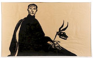 Signed Ben Smith Woodblock "Seated Man with Mask"