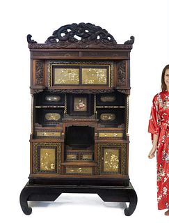 Japanese Black Lacquered Inlaid Shadona Display Cabinet