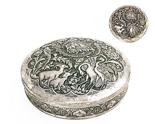 A Persian Engraved Silver Covered Box, Heavy weight
