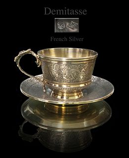 Large French Demitasse Silver Cup & Saucer, C. 1890
